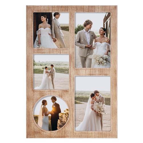 YESKAY 4x6 and 4x4 Collage Picture Frame, Display 5 Openings Photo Frames, Rustic Brown Wood Frame with Real Glass, Family Picture Frames Wall Decor, 1 Pack - color: Rustic Brown, size: 4x6&4x4 - 5 Opening(OD:9X13in)