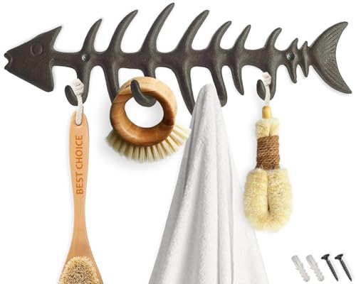 Comfify Rust Brown Fish Bones Cast Iron Wall Hook Rack – 4 Hooks, Screws | Rust Brown; fish bones cast iron; 25"L x 3.34"H; 4 hooks; screws & anchors included; coastal nautical decor - color: Rust Brown