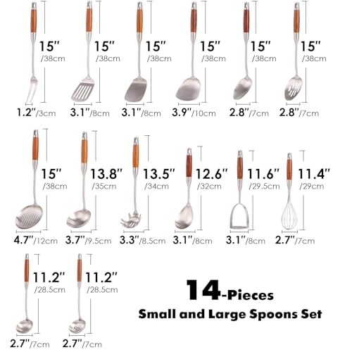 15” Metal Kitchen Utensils Set with RooseWood Handle - 18/10 Stainless Steel Cooking Utensils, 14 PCS Large & Small Spoons Set - Whisk, Masher, Fork, Spatula, Turner, Ladle, Skimmer, Pasta