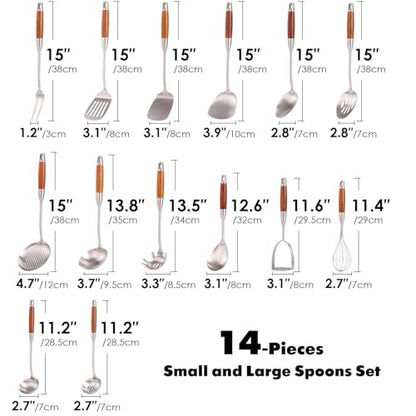 15” Metal Kitchen Utensils Set with RooseWood Handle - 18/10 Stainless Steel Cooking Utensils, 14 PCS Large & Small Spoons Set - Whisk, Masher, Fork, Spatula, Turner, Ladle, Skimmer, Pasta
