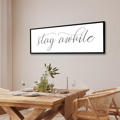 Rutiyoka Stay Awhile Sign Framed Farmhouse Dining Room Wall Decor Large 42"×15" Wood Kitchen Wall Art Black - color: stay awhile (black frame)
