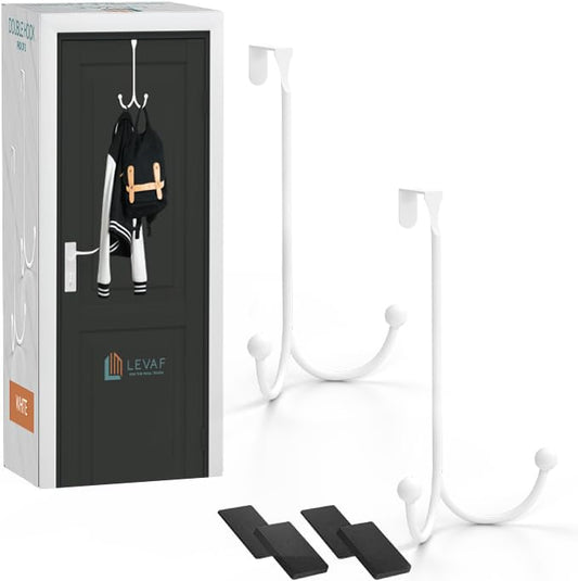 2-Pack Over The Door Hooks - with 2 Hang Heads & Snug Fit Pads Heavy Duty Hook for Hanging Coats, Towels, Caps & Robes - Elegant Matt Finish - No Drill Hanger Organizer - White - color: White, size: 2 Heads