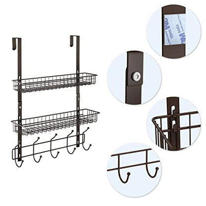 OYEAL Over The Door Hook Rack with 5 Hooks 2 Baskets Steel, Sturdy Durable Coat Rack Towel Hooks Hanging Organizer Shelves for Home Bedroom Bathroom Kitchen, Brown - color: Brown