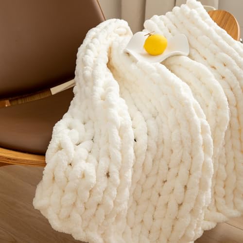 Chunky Knit Blanket Throw for Couch 40"×40" Cream | 100% Handmade Knitted Throw Blanket Fluffy Soft Blanket with Jumbo Chenille Yarn Thick - color: Cream, size: 40"*40"