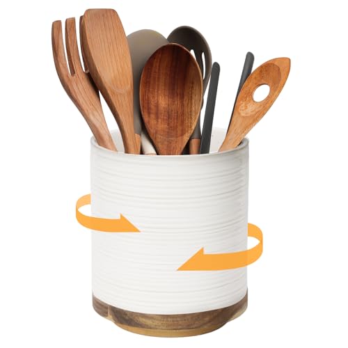 DOWAN 360° Rotating Extra Large Cooking Utensil Holder, 7.6" Kitchen Utensil Holder for Countertop, Utensil Crock for Farmhouse Kitchen Decor, Ceramic Stable Utensil Caddy, Soft White - color: White Ring