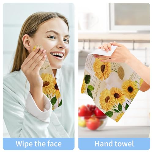 Sunflower Washcloths Set of 2, Highly Absorbent Soft Cotton Fingertip Towels for Bathroom, Kitchen, Gym, Spa, Home Decor 12 x 12 Inch