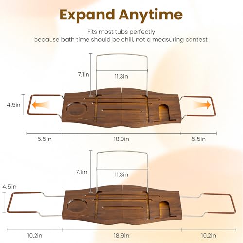 Dream Light Walnut Teak Expandable Bathtub Caddy Tray | Light walnut teak tray, extendable, housewarming gift, bath spa organizer - color: Teak Natural - B, size: Medium