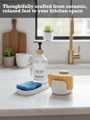 Ceramic Double Sponge Holder with Soap Tray, 2-Slot Countertop Sink Organizer, Modern White Kitchen Sponge & Dish Soap Holder, Rust-Free, Easy to Clean, Decorative Sink Caddy Set - size: Dual-Set