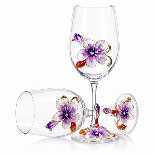 Comeon Flower Wine Glasses Hand Painted Wine Glasses Purple 2 Set (Purple) | Handmade Enamels Purple Floral Design, Gift Box, Long Stem Crystal Red Wine Glasses, Transparent Glass - color: Purple/ 2 set (gift box)