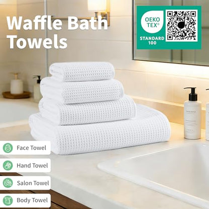MICROFI Waffle Weave Bath Towel Set, Microfiber, 4 Pieces (Body/Hair/Hand/Face), Quick Dry, Lightweight, Super Absorbent, Lint Free, 380 GSM (White) - color: White