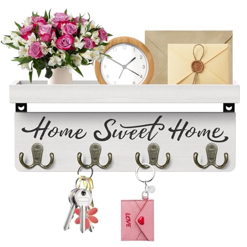 buways Key Holder Wall Mount with 8 Hooks and Cozy Home Sign(White) | Solid Wood, Floating Shelf for Keys, Mail, and Daily Essentials in Entryways, Hallways or Home Decor - color: White