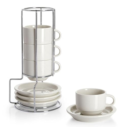 Sweese Porcelain Espresso Cups Set, 2.5 oz, with Saucers, Metal Stand, Stackable - Dove Grey, 4 Pack - color: Dove Grey, size: 2.5 Ounces