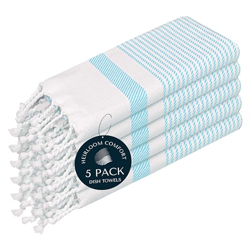 Aqua Blue Turkish Kitchen Towels 16x26 Inch, 5 Pack, 100% Cotton, Super Absorbent, Fast Dry, Machine Washable, Dish Towel with Tassels for Drying Dishes, Cleaning, Everyday Use - color: Aqua Blue, style: 5 Pack