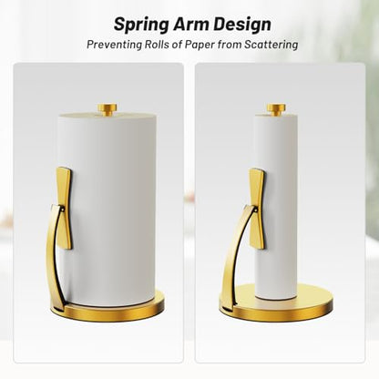 VEHHE Paper Towel Holder Countertop, Paper Towel Holder with Spring Activated Arm and Damping Effect, Simply Tear Paper Towel Stand for Bathroom and Kitchen (Gold) - color: Gold, size: Suction Base