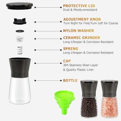 R DRURLCD Metal Bronze Salt and Pepper Grinder Set of 2 - Adjustable Ceramic Grinder - Glass Salt and Pepper Shakers W/Funnel - Spice Mill Bronze Kitchen Accessories - color: Bronze, size: 2PK