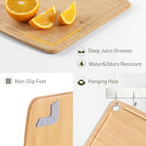 Lightweight Durable Bamboo Cutting Board Set with Non-Slip Feet, Wood Cutting Board for Busy Kitchen, Easy Clean Wooden Chopping Boards with Juice Groove Best House Warming Gift Set of 3 (S+M+L) - color: Natural Bamboo, size: Set of 3 (Small + Medium + La