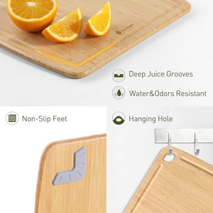 Lightweight Durable Bamboo Cutting Board Set with Non-Slip Feet, Wood Cutting Board for Busy Kitchen, Easy Clean Wooden Chopping Boards with Juice Groove Best House Warming Gift Set of 3 (S+M+L) - color: Natural Bamboo, size: Set of 3 (Small + Medium + La