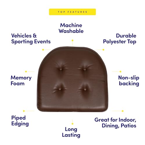 Sweet Home Collection Chair Cushion Memory Foam Pads Tufted Slip Non Skid Rubber Back U-Shaped 17" x 16" Seat Cover, 2 Count (Pack of 1), Faux Leather Chocolate Brown - color: Faux Leather Chocolate Brown, size: 2 Pack, style: Foam Pads