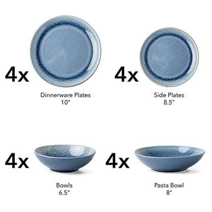 Arora FAIT Round Stoneware 16pc Double Bowl Dinnerware Set for 4, Dinner Plates, Side Plates, Cereal Bowls, Pasta Bowls - Reactive Glaze Blue (449322) - color: Blue-Cereal/Pasta Bowl, style: Round-Service for 4(16pcs)