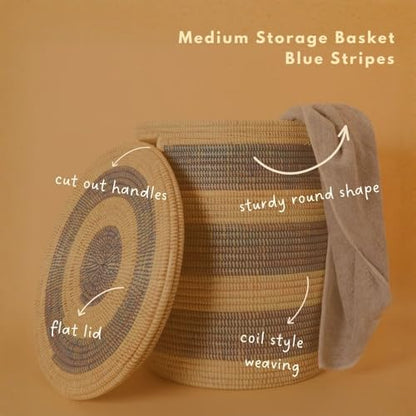 Blue African Woven Hamper with Lid, 20" Tall, 18" Wide - color: Medium