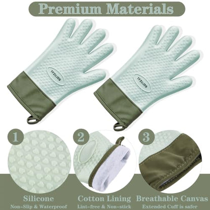 Silicone Oven Gloves with Fingers Heat Resistant 450°F in Kitchen | 1Pair Silicone Oven Mitts, Waterproof, Non-Slip, Extended Cuff Cotton Lined Kitchen Mitts for Baking Cooking Barbecue(Green) - style: green