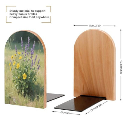 Personalized Wood Book Ends Metal Base Wildflower Bouquet Art Printing Bookend Modern Heavy Duty Bookends for Home Or Office 1 Pair - color: Wildflower Bouquet Art