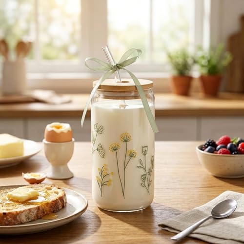 Floral Gifts for Women, Flower Glass Cup with Lid and Straw | Aesthetic Wildflower Iced Coffee Drinking Cup Tumbler stuff for Women Mom Anniversary Birthday Thanksgiving Christmas 16oz - style: Flowers
