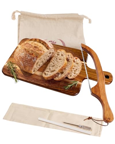 Premium Bread Knife & Cutting Board Set for Sourdough – Includes Sharp Sourdough Knife, Wooden Bread Board & Reusable Bread Bag – Easy Adjustable Thickness Bread Slicer for Homemade Artisan Loaves