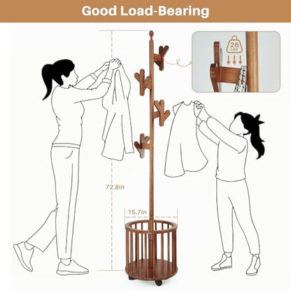 Uniclinens Solid Wood Coat Rack Freestanding with Umbrella Holder, Tree Coat Rack Stand with Lockable Universal Casters & 12 Hooks for Entryway Bedroom, Walnut - color: Walnut, size: Coat Tree