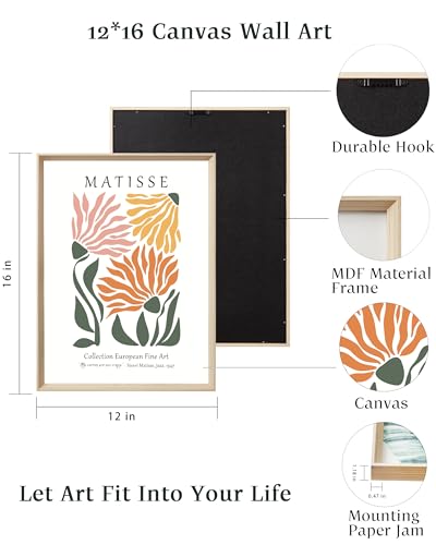UPWOIGH Matisse Inspired Floral Wall Art, 12 x 16 Inch, Set of 3 | Orange, Yellow and Pink Flower Prints, Modern Botanical Design, Light Wood Frames for Bedroom, Office and Gallery Wall - color: Yellow Matisse