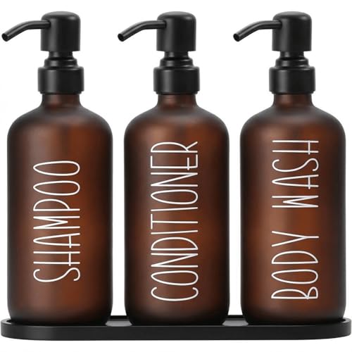 MOMEEMO Amber Shampoo and Conditioner Bottles with Tray | Shower Bottles Refillable with Labels, Hotel Shampoo and Conditioner Dispenser for Shower, Body Wash Container with Pump - color: Amber Black