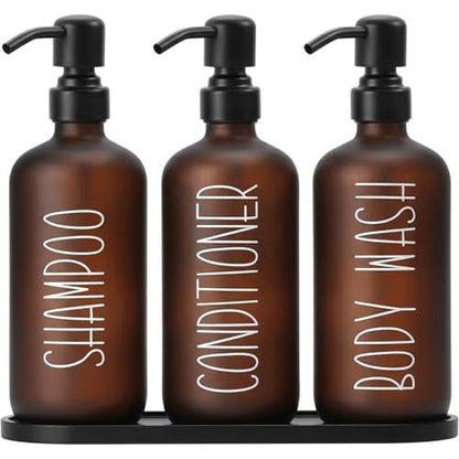 MOMEEMO Amber Shampoo and Conditioner Bottles with Tray | Shower Bottles Refillable with Labels, Hotel Shampoo and Conditioner Dispenser for Shower, Body Wash Container with Pump - color: Amber Black