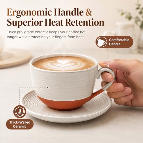 12 Oz Cappuccino Cups with Saucers, Coffee Cups Set of 4, Ceramic Tea Cup and Saucers, Wide Mouth Coffee Mugs for Latte Art, Cappuccino, Espresso & Cafe Drinks, Microwave Dishwasher Safe - color: C - 12oz