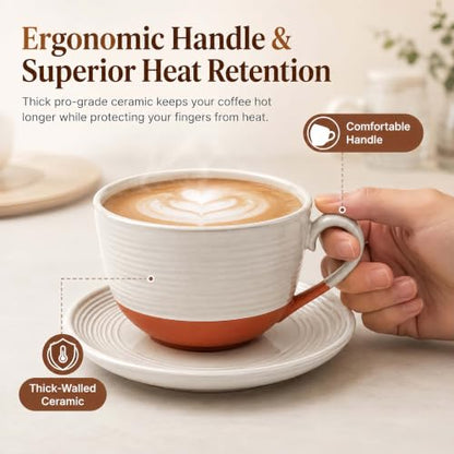 12 Oz Cappuccino Cups with Saucers, Coffee Cups Set of 4, Ceramic Tea Cup and Saucers, Wide Mouth Coffee Mugs for Latte Art, Cappuccino, Espresso & Cafe Drinks, Microwave Dishwasher Safe - color: C - 12oz