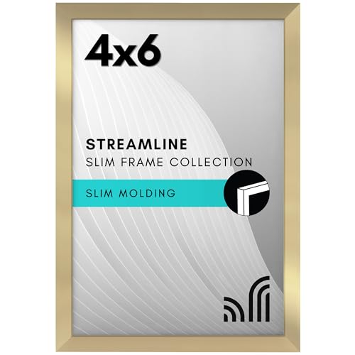 Americanflat 4x6 Picture Frame with Shatter-Resistant Glass - Streamline Collection - Thin Border Photo Frame for Tabletop and Wall Display - Hanging Hardware and Easel Stand Included - Gold | Shatter-resistant glass, wall or tabletop display with include