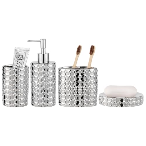 Silver Bathroom Accessories Set, 4 Piece Ceramic Honeycomb Design, Soap Dispenser Pump, Tumbler, Toothbrush Holder, Soap Dish - color: Silver