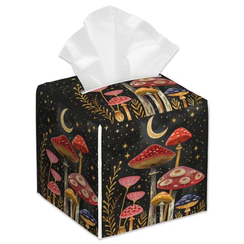 Colorful Mushrooms and Crescent Moon Tissue Box Cover Leather Tissue Box Holder Square Facial Paper Case Organizer Dispenser for Bathroom Vanity Countertop Tabletop Car Office - color: Color3