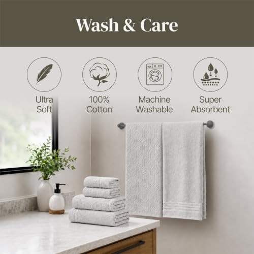 Modern Threads 6 Piece Cotton Bath Towel Set – Ultra Soft 550 GSM Towels – Bathroom Set with Hand Towels and Washcloths – Geometric (Silver Cloud) - color: Silver Cloud, size: Standard, style: Geometric