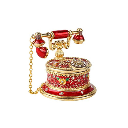 QIFU Hand Painted Red Telephone Figurine Enameled Trinket Box Hinged, Unique Gift for Family - color: T2 Red