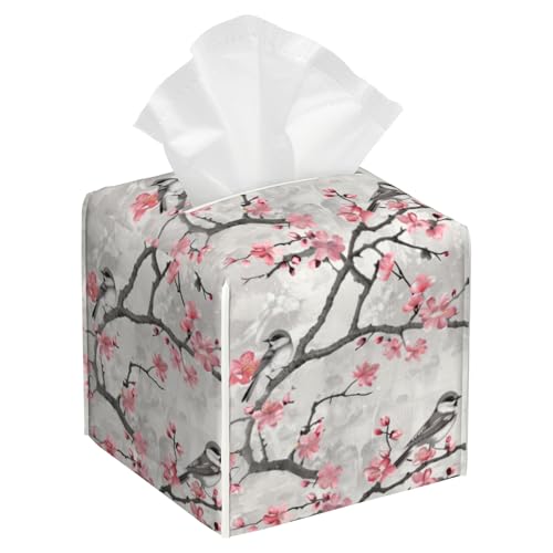 Pink Floral and Grey Birds Tissue Box Cover Square,Cute Birds and Flowers Leather Tissue Box Holder Decorative Facial Cube Paper Cover Case Organizer for Bathroom Night Stands Desk Home - color: Color4
