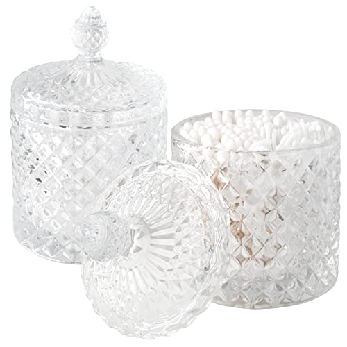 2 Pack Qtip Holder Thick Glass Apothecary Jars with Lid for Bathroom Decor Storage Organizer for Cotton Swabs, Balls, Pads, Floss Picks, Candy, Jewelry, Clear | Bathroom Canisters Storage Organizer for Cotton Swabs, Balls, Pads, Floss Picks, Candy, Jewelr