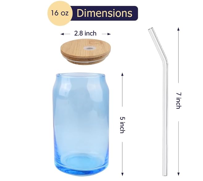 Lily's Home 16oz Glass Tumbler Set with Bamboo Lids and Straws, 4 Pack Multi-Color Glass Cups Drinking Glasses for Smoothies, Iced Tea, Beverages and Iced Coffee Cup with Lids and Straw, Drinking Jars