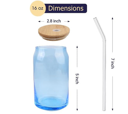 Lily's Home 16oz Glass Tumbler Set with Bamboo Lids and Straws, 4 Pack Multi-Color Glass Cups Drinking Glasses for Smoothies, Iced Tea, Beverages and Iced Coffee Cup with Lids and Straw, Drinking Jars
