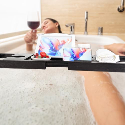 Utoplike Bamboo Bathtub Tray Caddy, Black Bath Tray Table for Tub | Adjustable Bathroom Organizer for Tub with Book Tablet, Wine Glass Cup, Towel Holder - color: Black