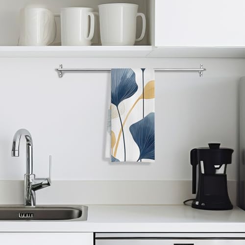 Boho Botanical Kitchen & Bath Towels - Navy & Golden Ginkgo Leaves, Mid Century Modern Decor, 16x24 Inch - color: 2- Abstract Towels