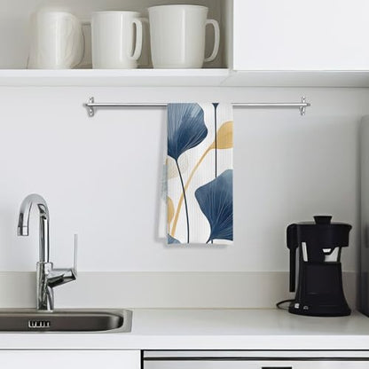 Boho Botanical Kitchen & Bath Towels - Navy & Golden Ginkgo Leaves, Mid Century Modern Decor, 16x24 Inch - color: 2- Abstract Towels