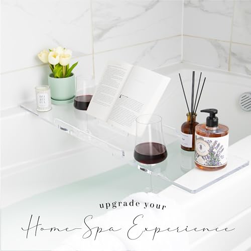 36" Supreme Plus- Luxury Bathtub Tray Caddy- 3/8" Thick, Clear Bath Tub Tray Table for 1 or 2 Bathers, Acrylic Bathtub Caddy, iPad and 2 Wine Glass Holders (Supreme Plus, 36") - size: 36" x 9" x 1.5"