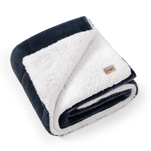 UGG Nita Throw Blanket, Reversible Fleece Blanket, 50" x 70", Navy Blue | Plush UGG Fluff to Smooth Box Stitched Fleece, Machine Washable, Soft & Cozy for Couch or Bed, College Dorm Room Essential - color: Blue, size: Throw