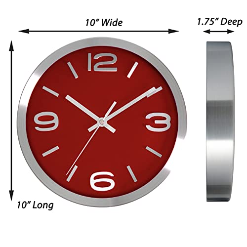 Bernhard Products Metal Wall Clock Modern Silver & Wine 10 Inch Silent Non Ticking, Red Round Elegant Quality Quartz Battery Operated for Home Kitchen Living Room Office, 3D Numbers - color: Silver & Wine