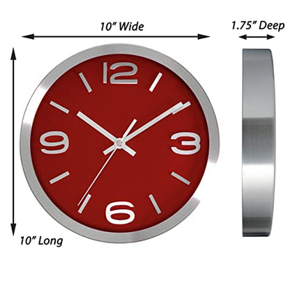 Bernhard Products Metal Wall Clock Modern Silver & Wine 10 Inch Silent Non Ticking, Red Round Elegant Quality Quartz Battery Operated for Home Kitchen Living Room Office, 3D Numbers - color: Silver & Wine